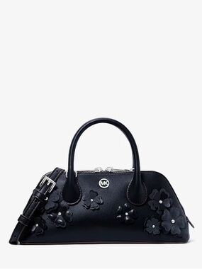 Michael Kors Black Floral Appliqué Satchel Crossbody Bag with Top Handles Navy